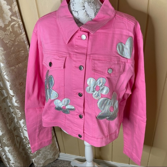 New! Dolls Kill x Delias Holographic Flower Appliqué Jacket Pink Silver Size 2X - Picture 1 of 4